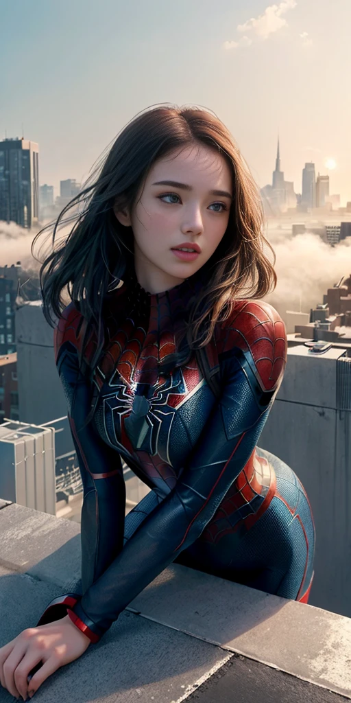 (1girl:1.3), Solo, (((Very detailed face)))), ((Very detailed eyes and face)))), Beautiful detail eyes, Body parts__, Official art, Unified 8k wallpaper, Super detailed, beautiful and beautiful, beautiful, masterpiece, best quality, original, masterpiece, super fine photo, best quality, super high resolution, realistic realism, sunlight, full body portrait, amazing beauty, dynamic pose, delicate face, vibrant eyes, (from the front), She wears Spider-Man suit, red and black color scheme, spider, very detailed city roof background, rooftop, overlooking the city, detailed face, detailed complex busy background, messy, gorgeous, milky white, highly detailed skin, realistic skin details, visible pores, clear focus, volumetric fog, 8k uhd, DSLR, high quality, film grain, fair skin, photo realism, lomography, futuristic dystopian megalopolis, translucent