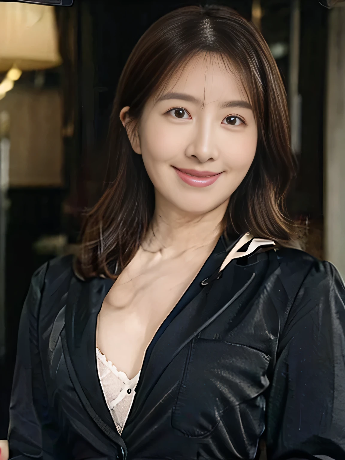 8K,(Black Background)、Simple background Best quality、masterpiece、Realistic。Realistic、underwear、Very detailed、Natural light、1 Japanese female、40 years old,Slightly brown-haired、short hair、(Lean forward to look into the camera)、Detailed bending forward、lingerie、Her cleavage is visible、A refreshing smile A friendly smile、Happy emotion smiley faces、Very detailedな顔と肌、Very detailedな目、Very detailedな顔と肌、Very detailed smile、Full Body Shot、Sexy clothes underwear