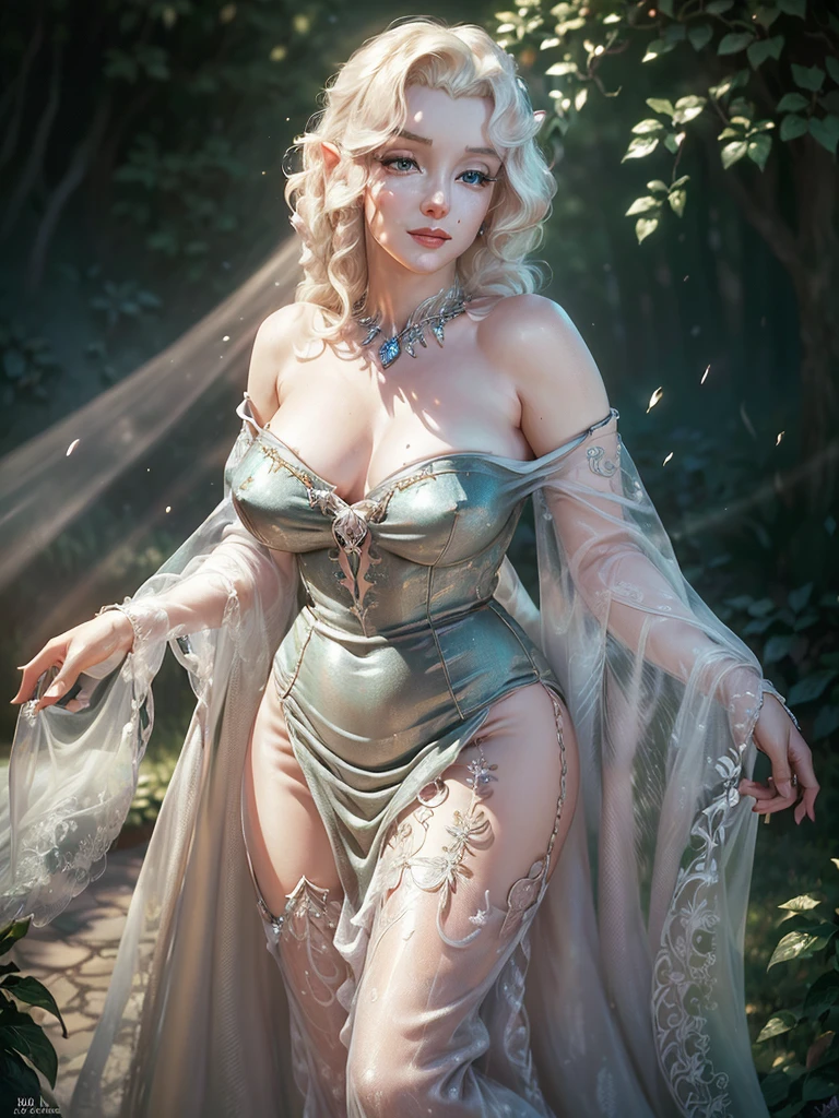 (Marilyn Monroe-inspired elven princess, detailed face, long eyelashes, beautiful detailed eyes, beautiful detailed lips, extremely detailed face and features, flawless skin, glowing ethereal beauty),(moonsilk sheer dress, no underwear, long flowing hair),(ivy coated columns, flower garden, magical forest background),(best quality,4k,8k,highres,masterpiece:1.2),ultra-detailed,(realistic,photorealistic,photo-realistic:1.37),HDR,UHD,studio lighting,ultra-fine painting,sharp focus,physically-based rendering,extreme detail description,professional,vivid colors,bokeh,fantasy,magical realism,dramatic lighting