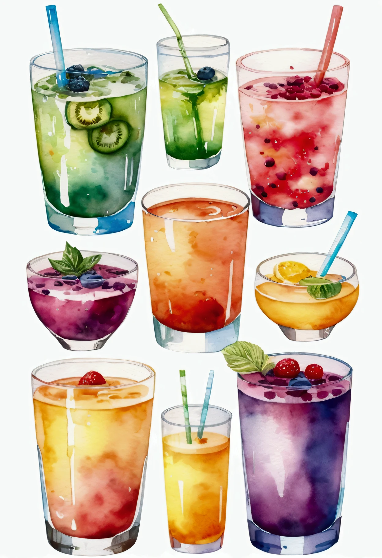 there are many types of colorful healthy drinks served in glasses, the glasses sitting on a surface, juices, smoothie and infused water , illustration, isolated with solid white background, surrounded with negative space, centered composition, highest detailed painting, very precise line, Isolated, clear solid white background, perspective angle of view, ((watercolor:1.5)), (lora:add-detail-xl:1), (masterpiece), (best quality), no bread on the floor, washed out color, (ghibli)