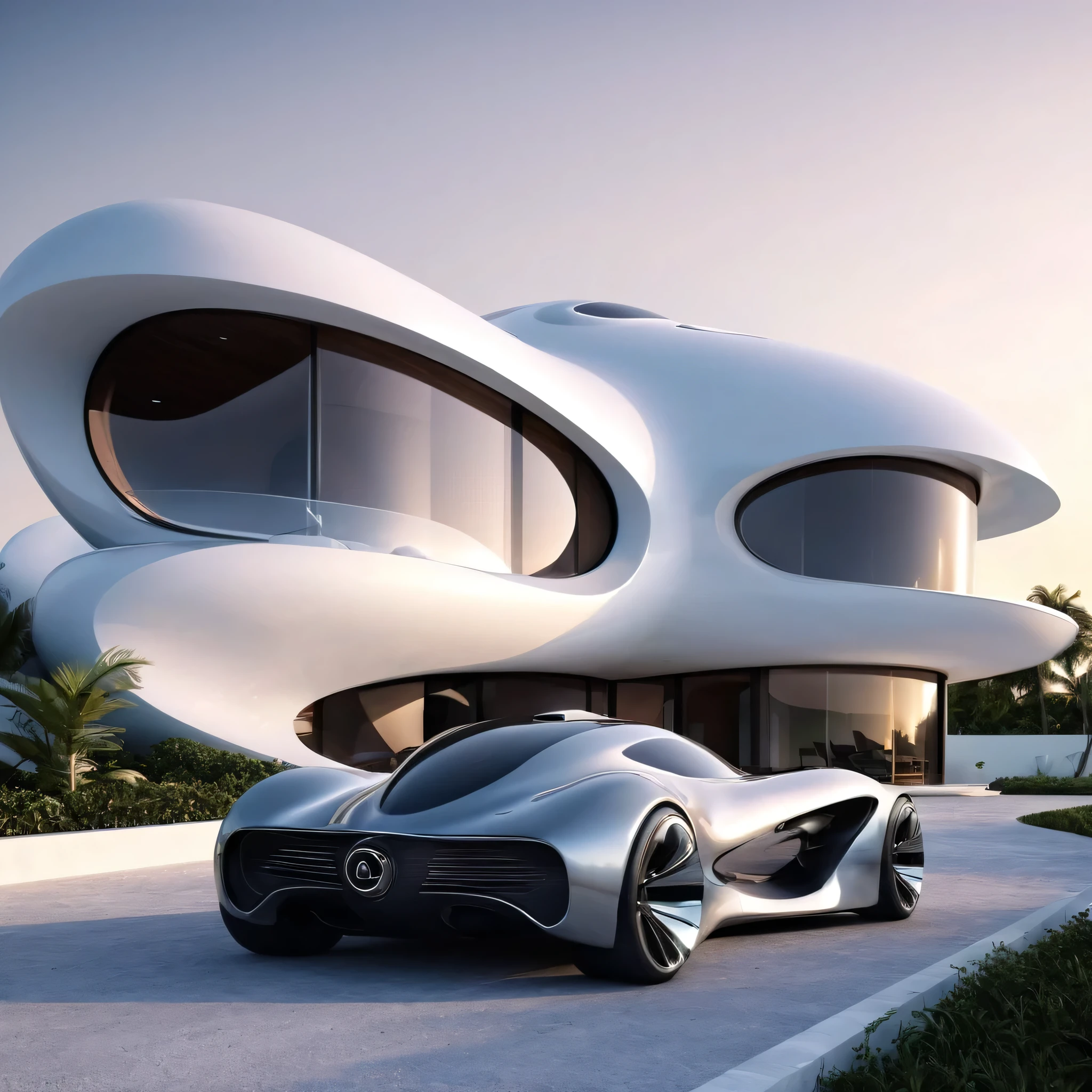 a futuristic house with a car parked in front of it, cgsocietywlop, beautiful curves, intricate devilish designs, qualia, interesting shapes & form, wow factor, elaborate polished, architectural rendering, miami, futuristic battlefield, inspired by James E. Brewton, precise architectural rendering