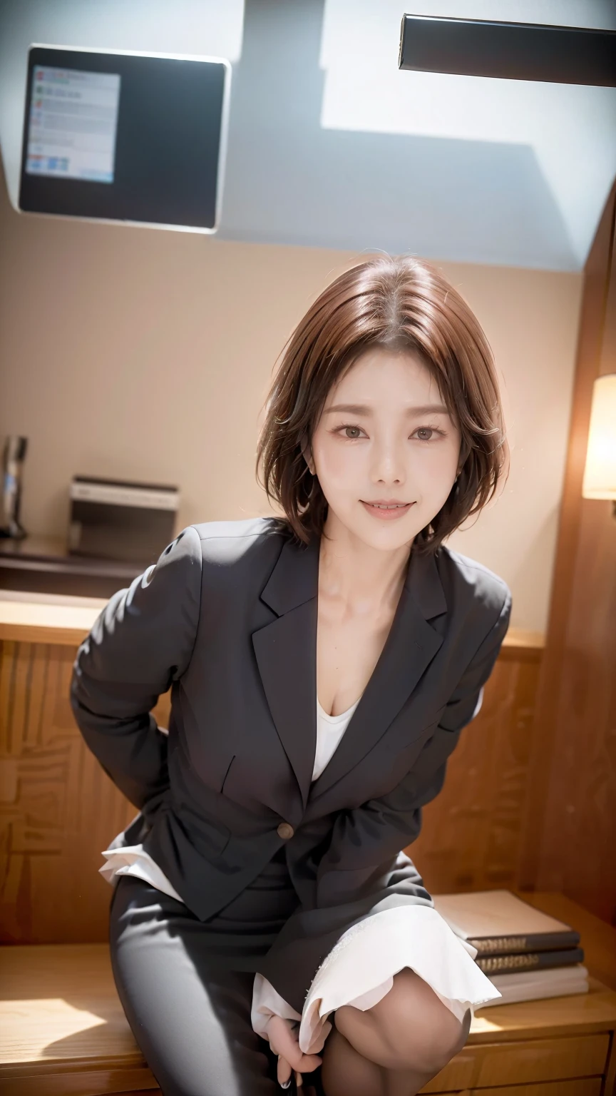 Highest quality、masterpiece、Ultra-high resolution、(Realistic:1.4)、Leaning forward、From above、(((Take a look here)))、I have the documents、Happy expression、Beautiful woman、suit、skirt、High heels、office building