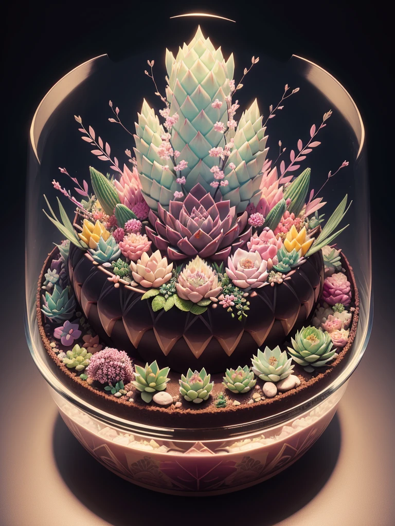 Japanese bento cake with various echeverias, full body, distant shot, wide view, pastel coloured, intricate shapes, bizarre splendid masterpiece, transparent, translucent, vector graphics, high definition, high quality, high resolution, high detailisation, intricate details, bohemian, dark botanical, dark fantasy, professional photo