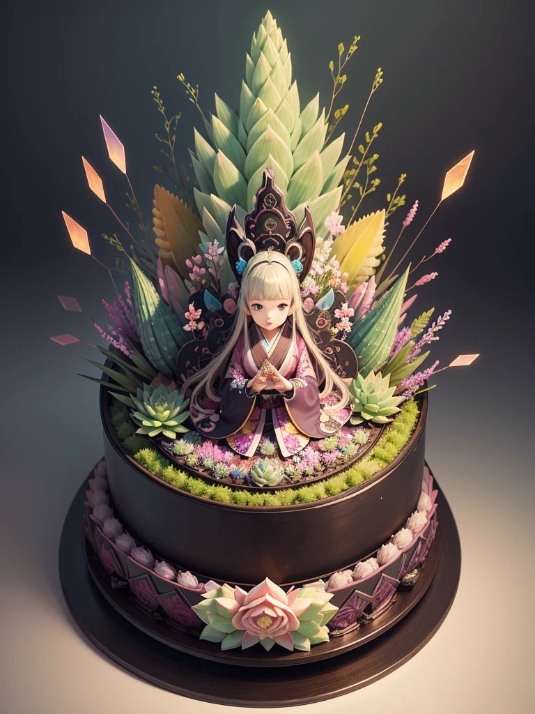 Japanese bento cake with various echeverias, full body, distant shot, wide view, pastel coloured, intricate shapes, bizarre splendid masterpiece, transparent, translucent, vector graphics, high definition, high quality, high resolution, high detailisation, intricate details, bohemian, dark botanical, dark fantasy, professional photo