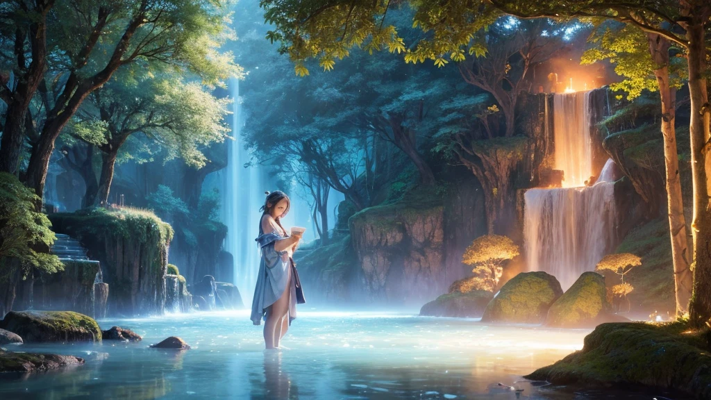 1920×1080、Photogenic reality、Delicate depiction、heaven、Fantasy、A world of light、magic、In the fantasy forest、Wrapped in dazzling light、眩Shiiほどの黄金色の光が降り注ぐ、god々Shii、Fantasy、cute、Beauty、Adult female、Big Eyes、一人の美Shii美の女godの全身の画像を作ってください
