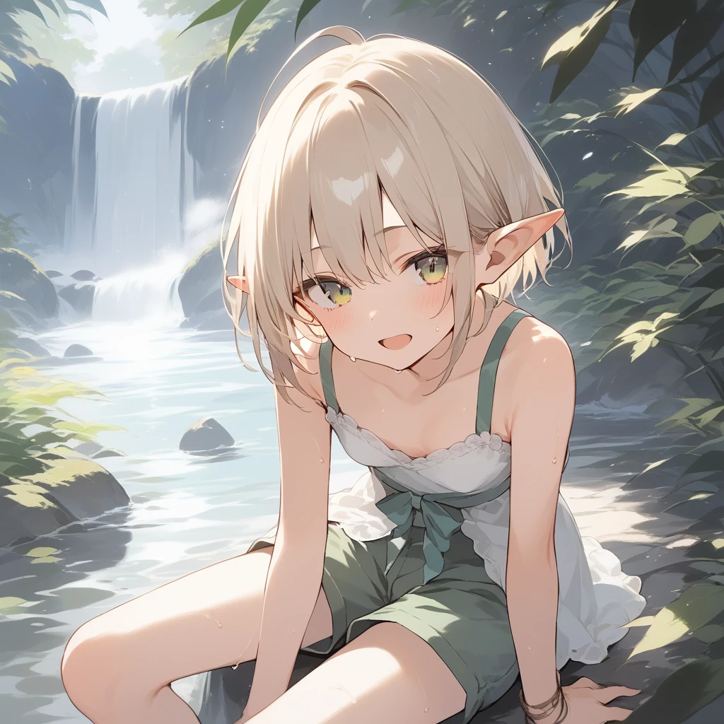score_9, score_8_up, score_7_up, source_anime, best quality, masterpiece, official art, absurdres, highres, ultra-detailed,waifu2x,Collection: Slice of Life,break,1girl, elf, short hair, slender, androgynous, small breasts, beautiful detailed eyes, green shorts, sweat, open mouth, sleepily, outdoors, forest,break,(clear line illustration:1.2), super detailed skin,very high resolution, very aesthetic, Best sexual lighting powered by famous artist, 8k,cute picture,beauty illustration,photoshop_(medium),,(Detailed Lighting),best anime 8k konachan wallpaper, pixiv contest winner,