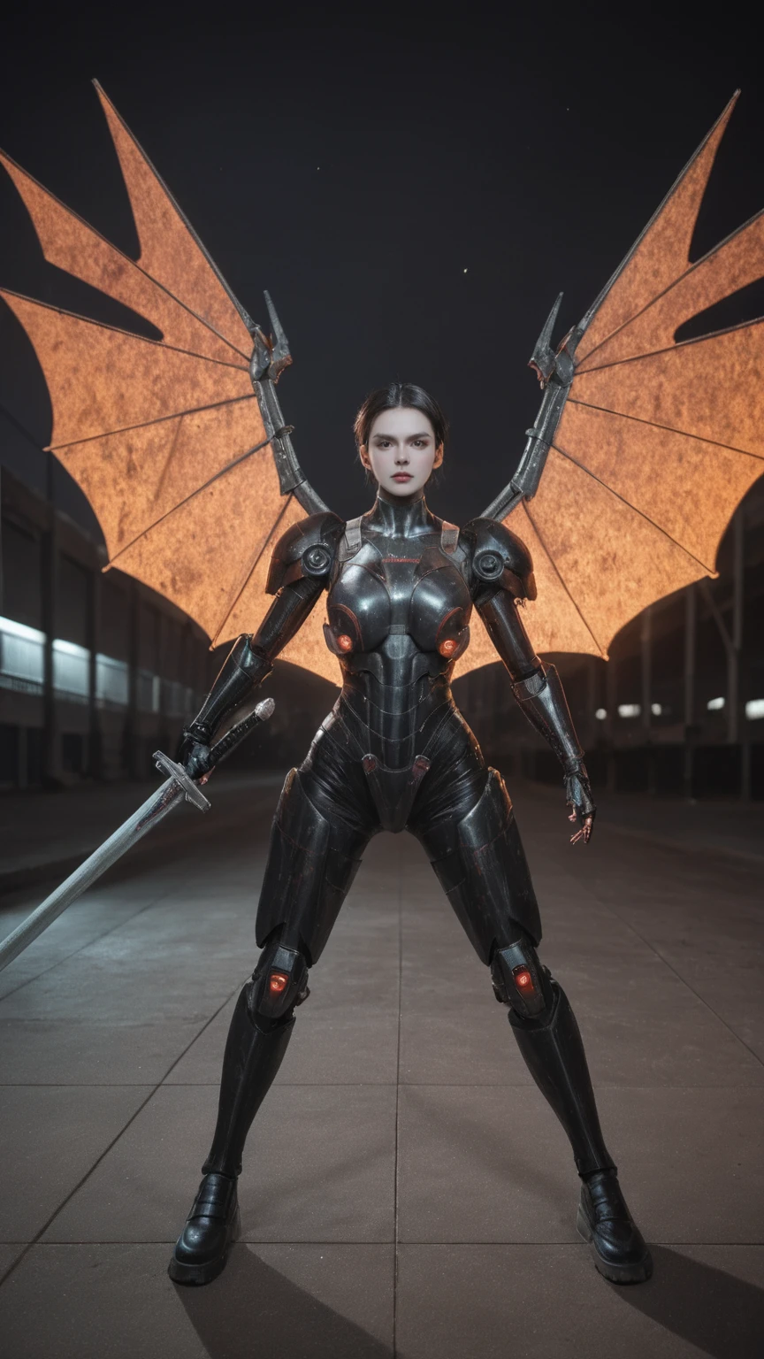 realistic,score_9, score_8_up, score_7_up, 
 Cyberpunk helllady warrior in neon mecha armor, female swordsman holding a sword in a pool, 独奏, 1sword, Luminescence’s light eyes, Devil’s Wings, wide-angle lens, biology, weird, creepy, nightmarish, light particles, Luminescence, best photo of the year winner, the world on fire, post-apocalyptic hellscape, military photography, epic photo of the year on the horizon, epic movie shots, pure form, intricate details, 8K, post-production, high resolution, super detail, anatomical correct, Fighting Stance