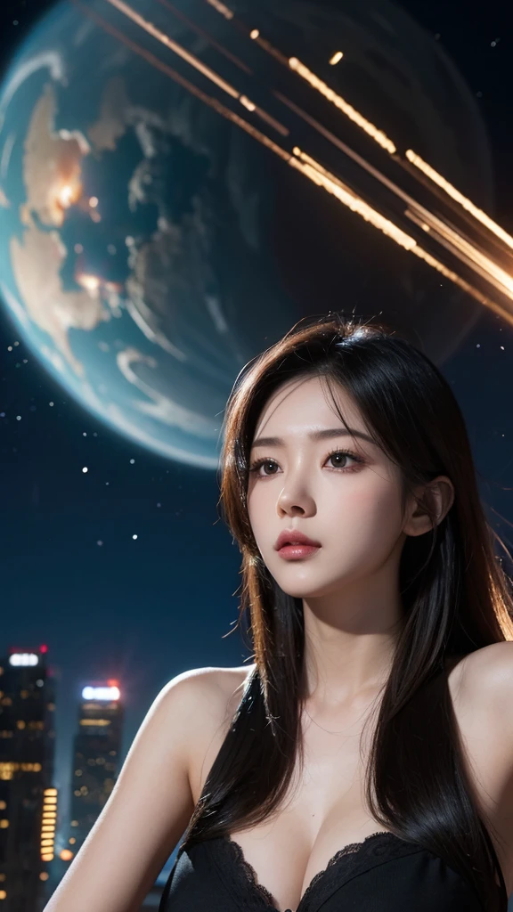 big breasted mech girl, hot face, city war, between building, meteor attack, galaxy,
