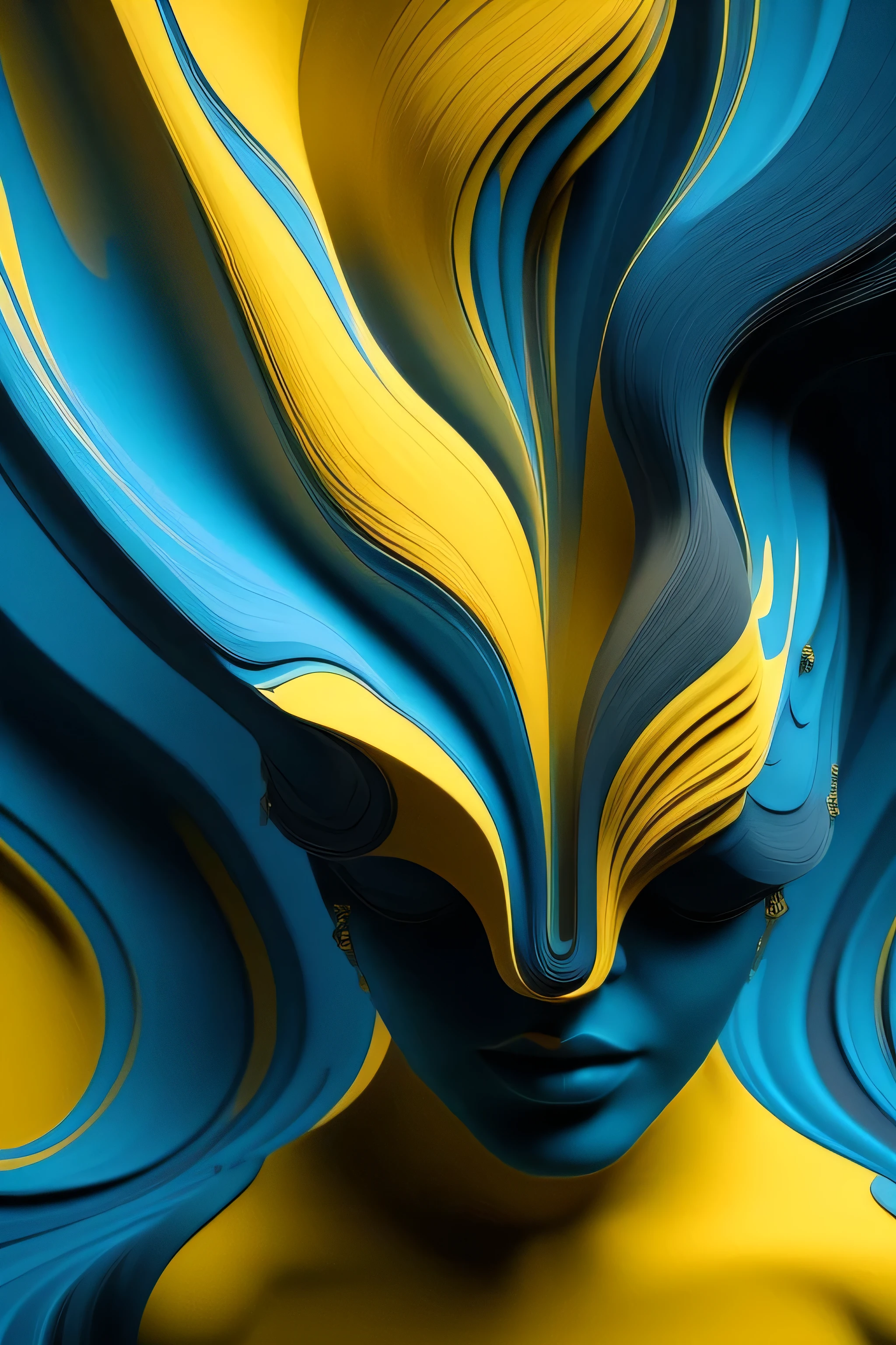 4d artwork, blue and yellow, 8k, real artwork composition, fine ornament, from very hig, fine artwork, oil on canvas, modern art, character close view from face side, squared blocks being produced, going abstract, younger, mixing abstract, unreal engine, tentacles of ink and high tech forms
