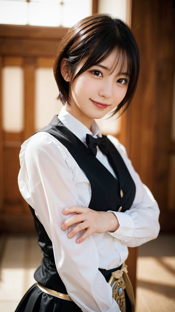 (highest quality,masterpiece:1.3,ultra high resolution),(Super detailed,caustics,8k),(photorealistic:1.4,RAW shooting),girl dressed as a butler,Japanese,boyish,smile,20-year-old,black hair short cut,looking at the camera,Inside a Western-style mansion,shot from the waist up,front,face focus,Face close-up,(Warm light),professional writing
