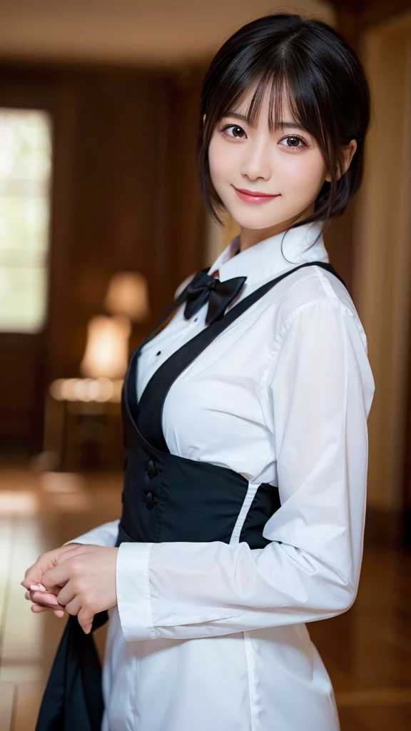 (highest quality,masterpiece:1.3,ultra high resolution),(Super detailed,caustics,8k),(photorealistic:1.4,RAW shooting),girl dressed as a butler,Japanese,boyish,smile,20-year-old,black hair short cut,looking at the camera,Inside a Western-style mansion,shot from the waist up,front,face focus,Face close-up,(Warm light),professional writing