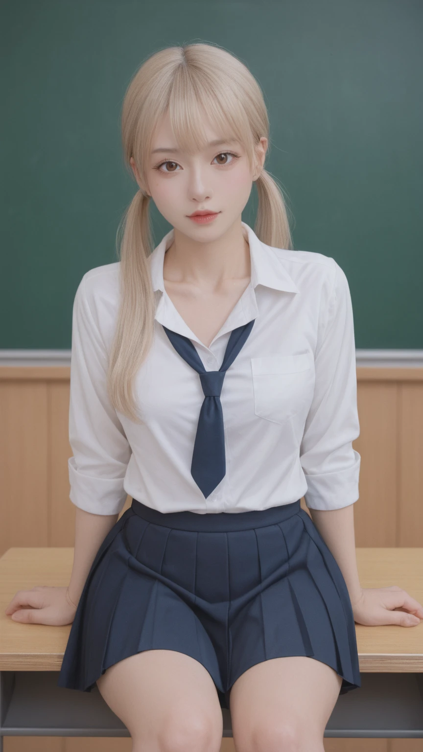 (masterpiece:1.2, best quality), 1lady, solo, , classroom, day, sit, blonde, twintails, red eyes, open collabone, darkskin, (open breasts:1.1),