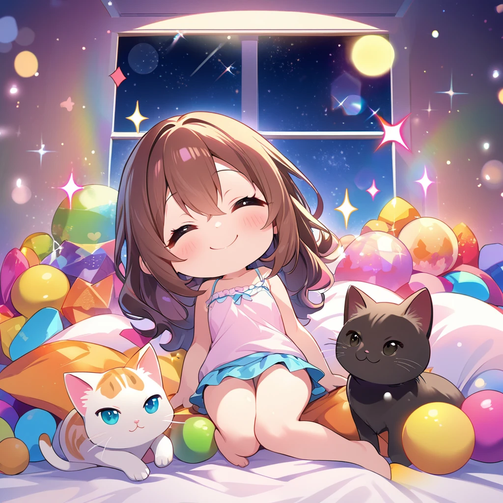 masterpiece, best quality, 4k、2D illustration、one beautiful girl、solo、(((chibi style)))、((vivid colors))、((cute chibi))、lovely chibi、((night)), ((window)), ((starry sky)), ((long beautiful hair)), glossy brown hair, hair between eyes, cute、closed eyes、((camisole dress)), ((miniskirt))、((colorful))、((smile))、lying in bed、((full body shot))、((kitten)), ((lots of colorful stuff around))、((bed))、sparkle、((lens flare))、