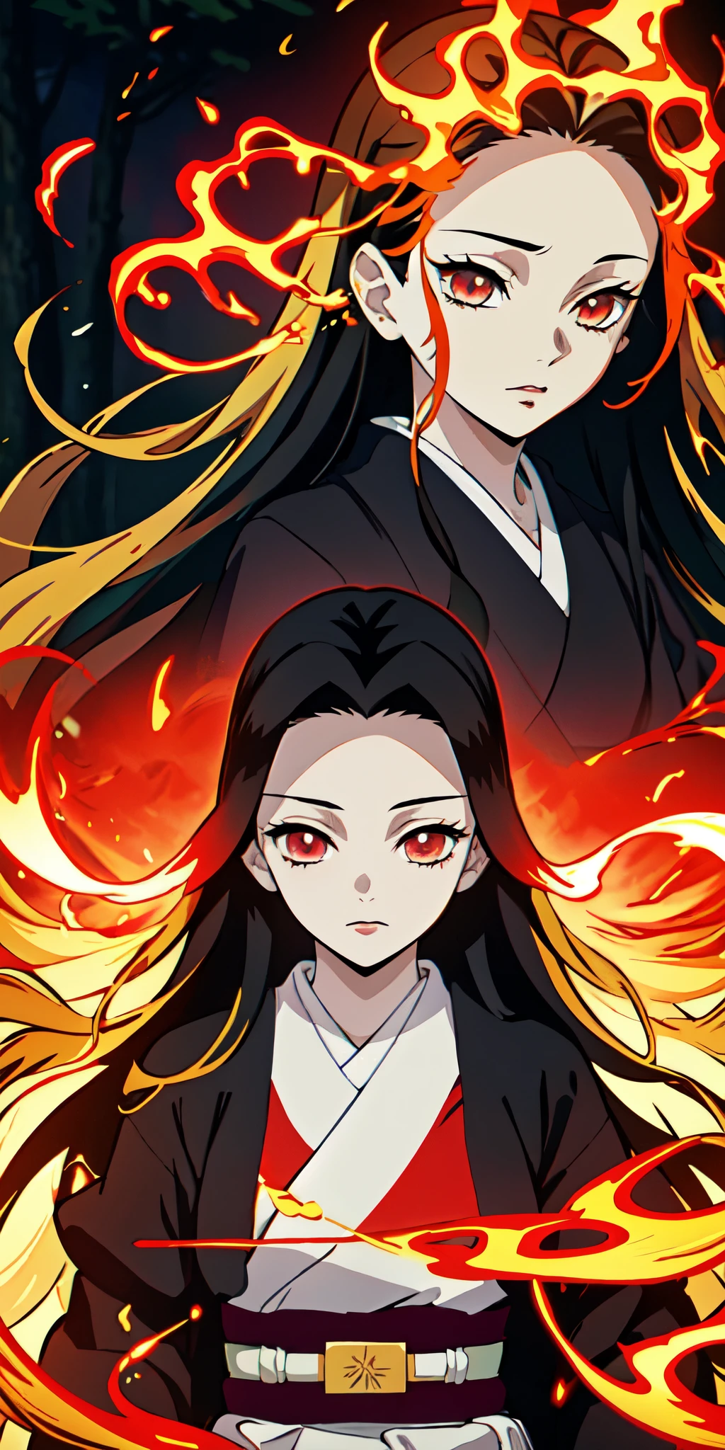 Kimetsu no estilo yaiba, 1 girl, just, amber red eyes , cabelo preto brilhante, extra very long hair, white and gold kimono , Obi Belt,  ((artwork)), ((portraits of a)), The forest is on fire, The forest is on fire