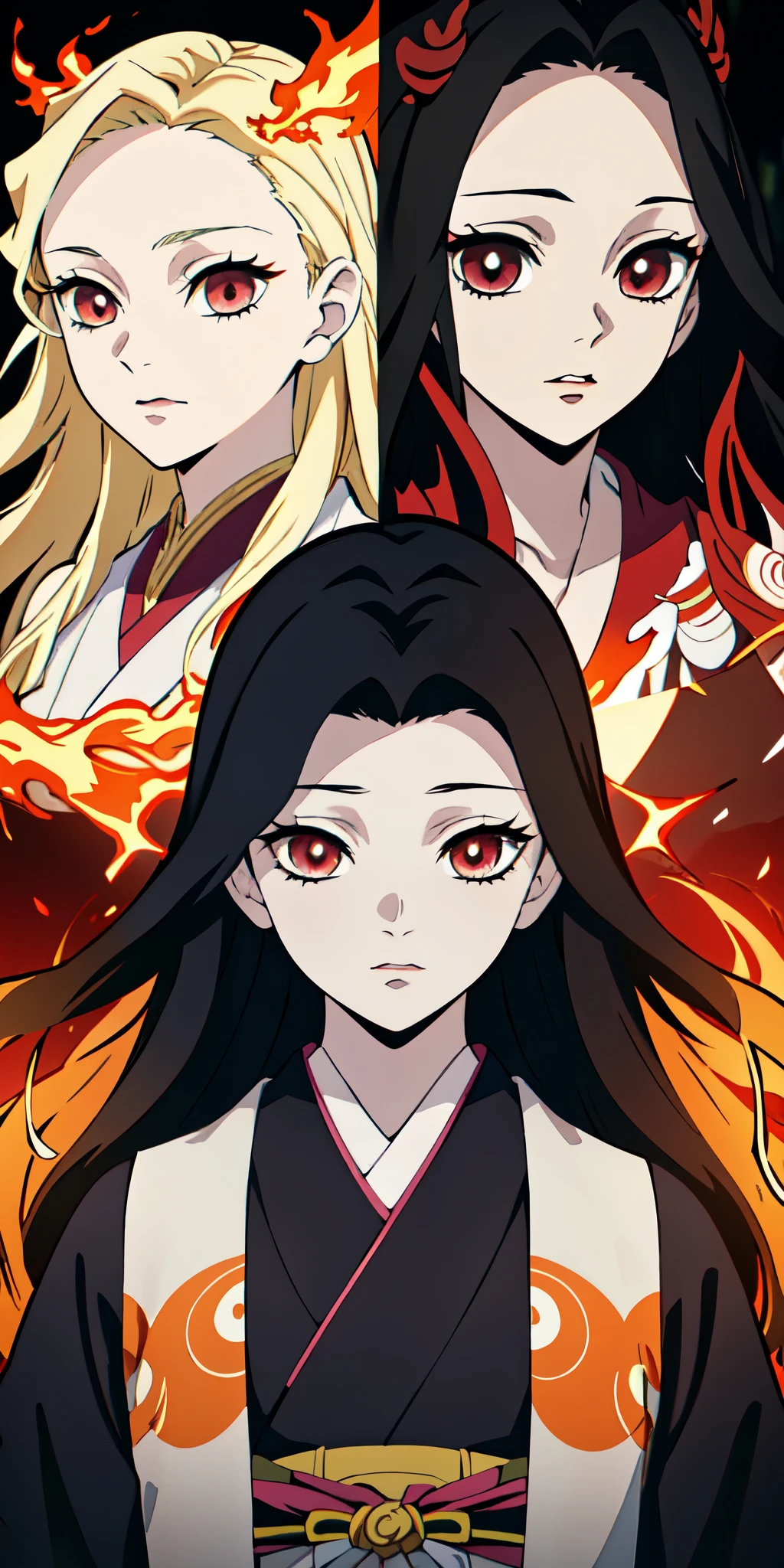 Kimetsu no estilo yaiba, 1 girl, just, amber red eyes , cabelo preto brilhante, extra very long hair, white and gold kimono , Obi Belt,  ((artwork)), ((portraits of a)), The forest is on fire, The forest is on fire