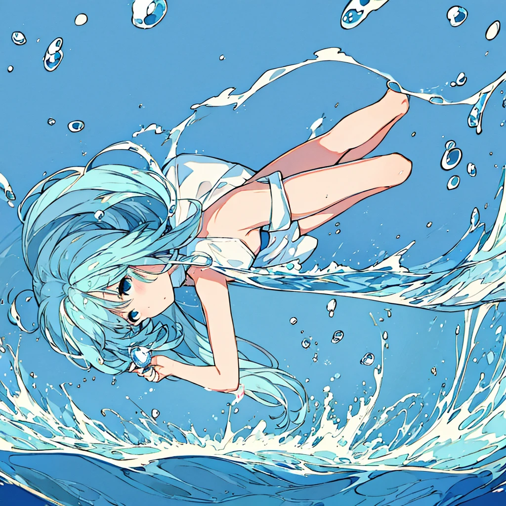 Plain light blue background Girl sinking in water Air bubbles
