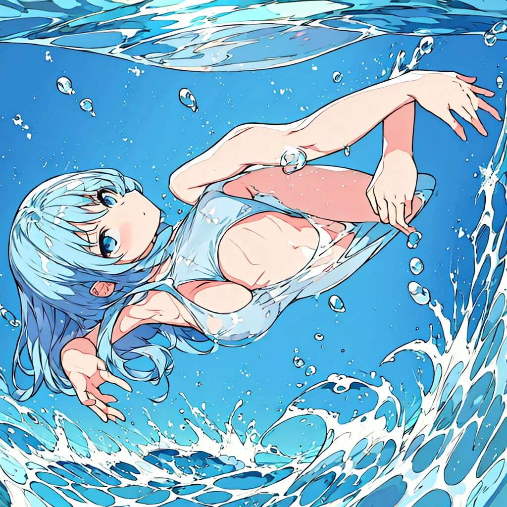 Plain light blue background Girl sinking in water Air bubbles