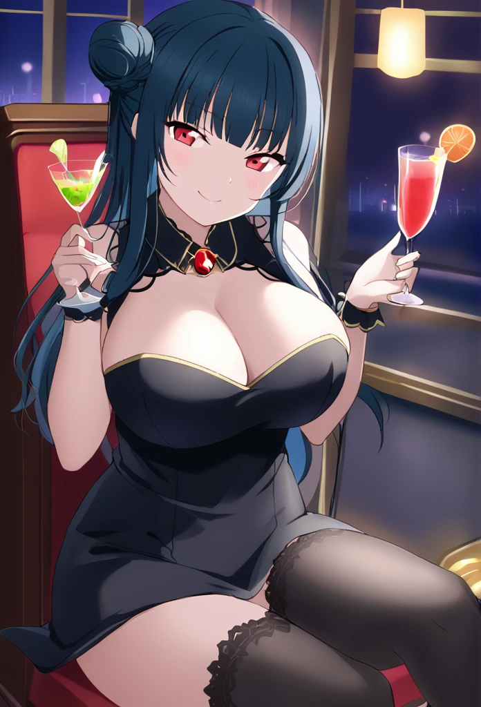 Yoshiko Tsushima　Blue Hair　Red Eye　Semi-long hair　One-sided bun hairstyle　Black Dress　Black Stockings　smile　Huge breasts　Cleavage　night　Cocktail Bar　Seduce　Sit on a chair　night景　Room lighting　Holding a cocktail glass