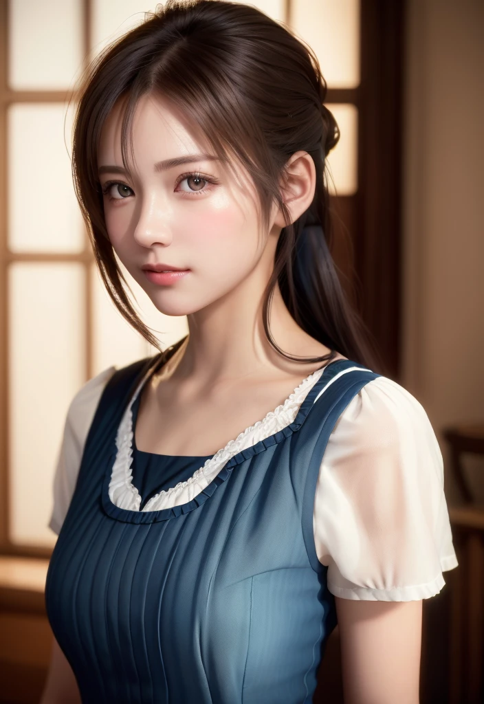 8K, of the highest quality, masutepiece:1.2), (Realistic, Photorealsitic:1.37), of the highest quality, masutepiece, Beautiful young woman, Pensive expression,、A charming、and an inviting look, Cute Maid Clothes, Hair tied back, Cinematic background, Light skin tone