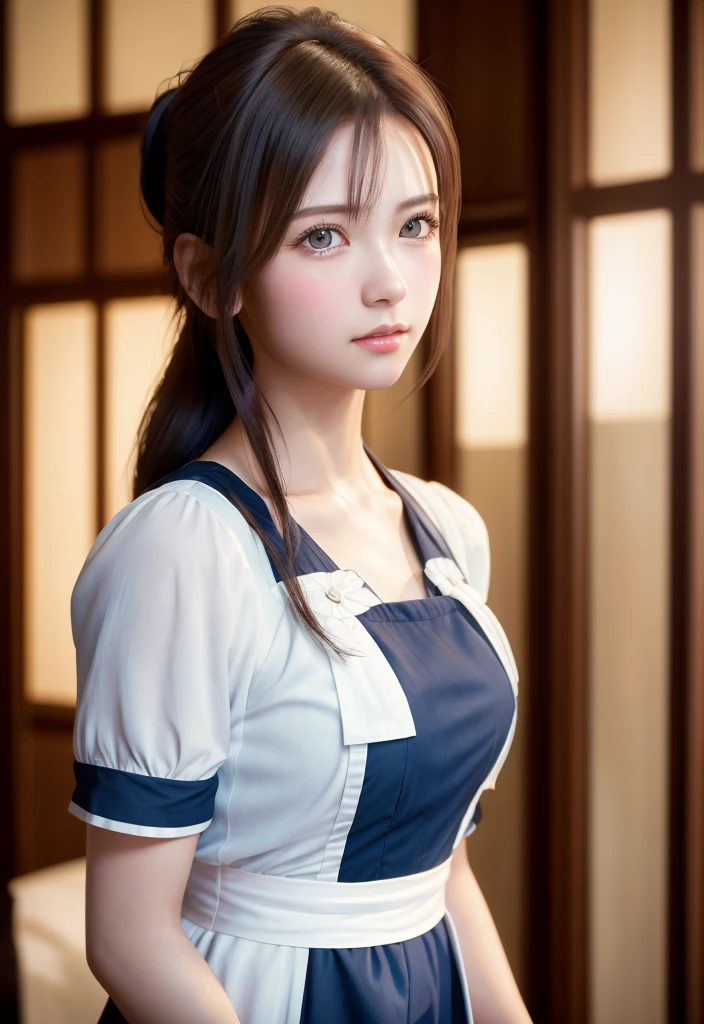 8K, of the highest quality, masutepiece:1.2), (Realistic, Photorealsitic:1.37), of the highest quality, masutepiece, Beautiful young woman, Pensive expression,、A charming、and an inviting look, Cute Maid Clothes, Hair tied back, Cinematic background, Light skin tone