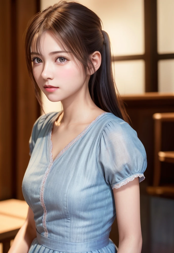 8K, of the highest quality, masutepiece:1.2), (Realistic, Photorealsitic:1.37), of the highest quality, masutepiece, Beautiful young woman, Pensive expression,、A charming、and an inviting look, Cute Maid Clothes, Hair tied back, Cinematic background, Light skin tone