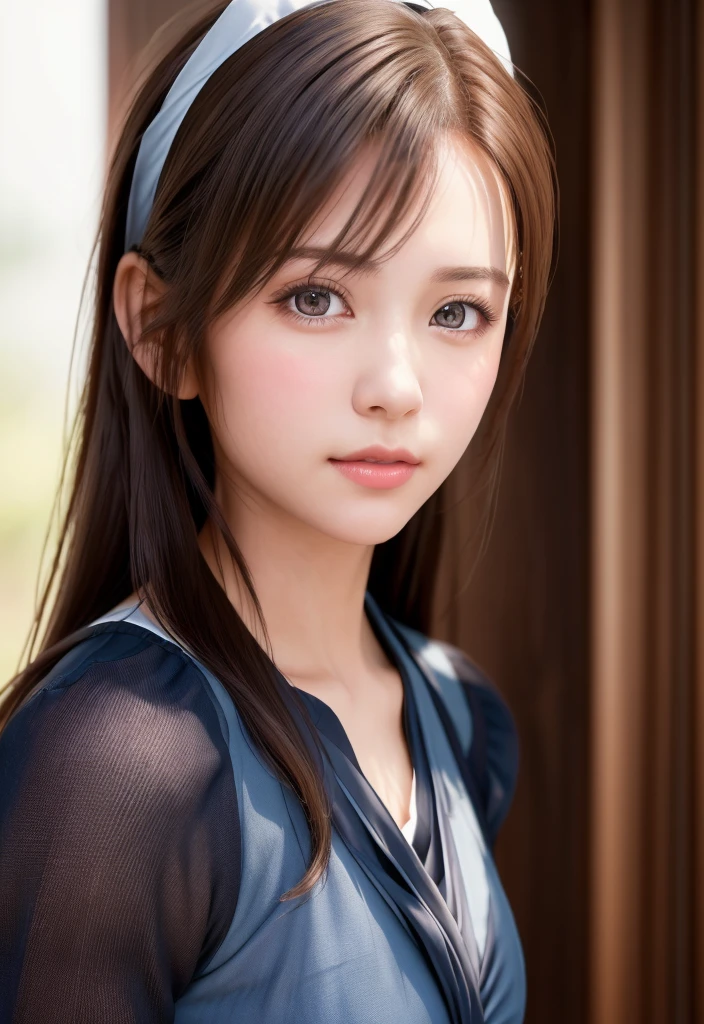 8K, of the highest quality, masutepiece:1.2), (Realistic, Photorealsitic:1.37), of the highest quality, masutepiece, Beautiful young woman, Pensive expression,、A charming、and an inviting look, Cute Maid Clothes, Hair tied back, Cinematic background, Light skin tone