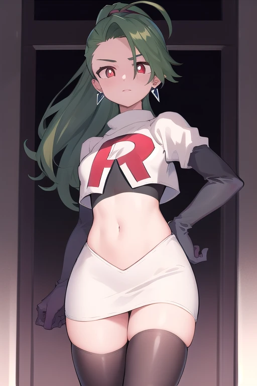 absurdres, best quality, 1girl, solo, eye focus, looking at viewer,  rika, ahoge, ponytail, bright pupils, white pupils, earrings, green hair, red eyes, bright pupils, team rocket,team rocket uniform,white skirt,red letter R,crop top,black thigh-highs,black elbow gloves