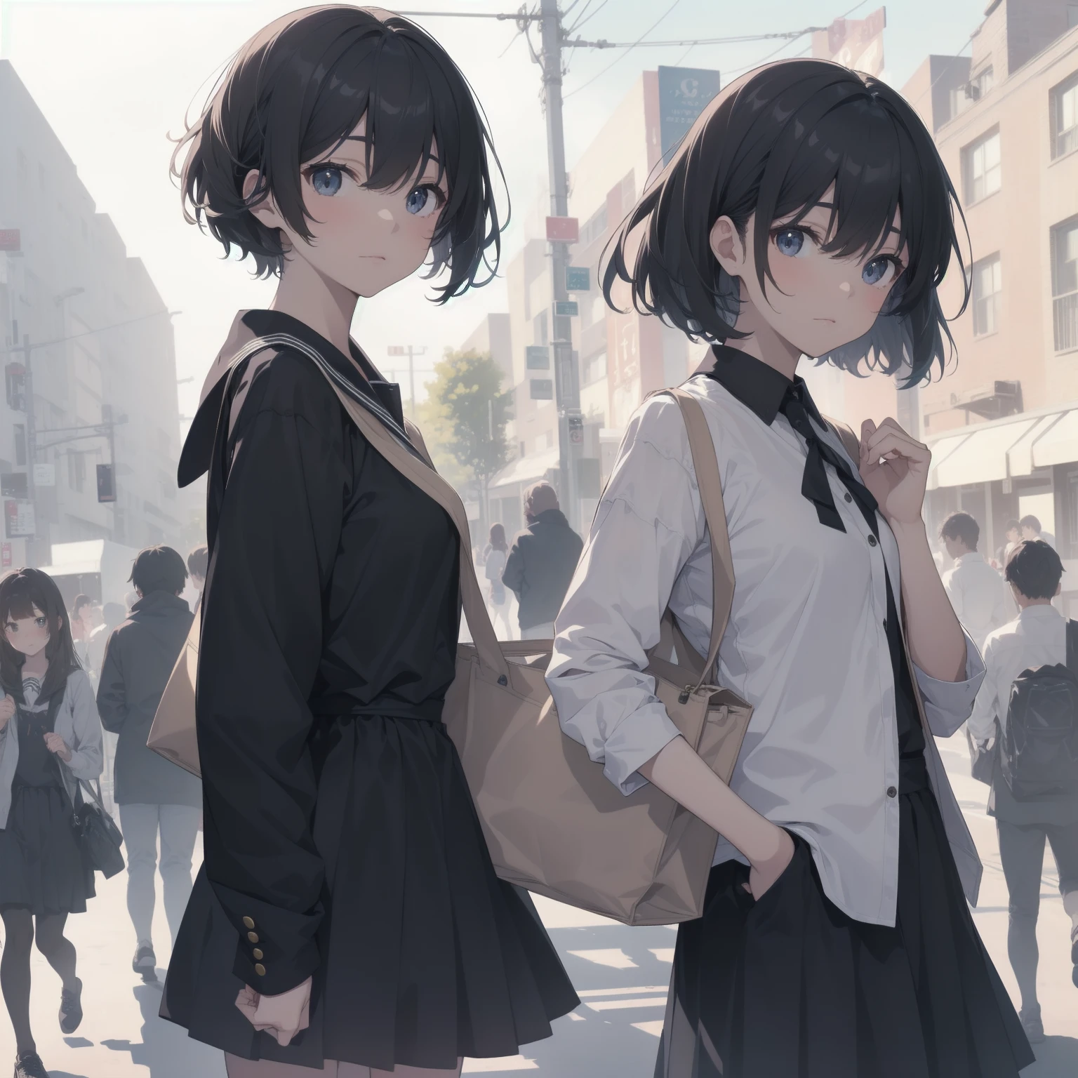 ultra-absurdres-Top quality by artist God, ultra-detailed, high resolution, anime moe artstyle, best anime 8k konachan wallpaper, pixiv contest winner, pool:2810, perfect anatomy,break, 1girl, (Please draw a girl walking sleepily to school alone. )break,(Solo,little female, 13-year-old:1.3),Full limbs, complete fingers,a junior high school student, (very short hair), short cut, flat chest, , small butt, small black eyes, beautiful detailed eyes, well-proportioned iris and pupils, expressive eyes, highres detailed hair, soft expression, salor school_uniform, sailor collar, serahuku, bow, pleated skirt,(Detailed Lighting), (Detailed background), in the School commute route. break,super detailed skin, Best cinematic lighting powered by famous artist, 8k,beauty illustration,photoshop_(medium),very aesthetic,break,((artist:miyo_(ranthath) )), artist:clamp ,artist:carnelian ,artist:kantoku ,