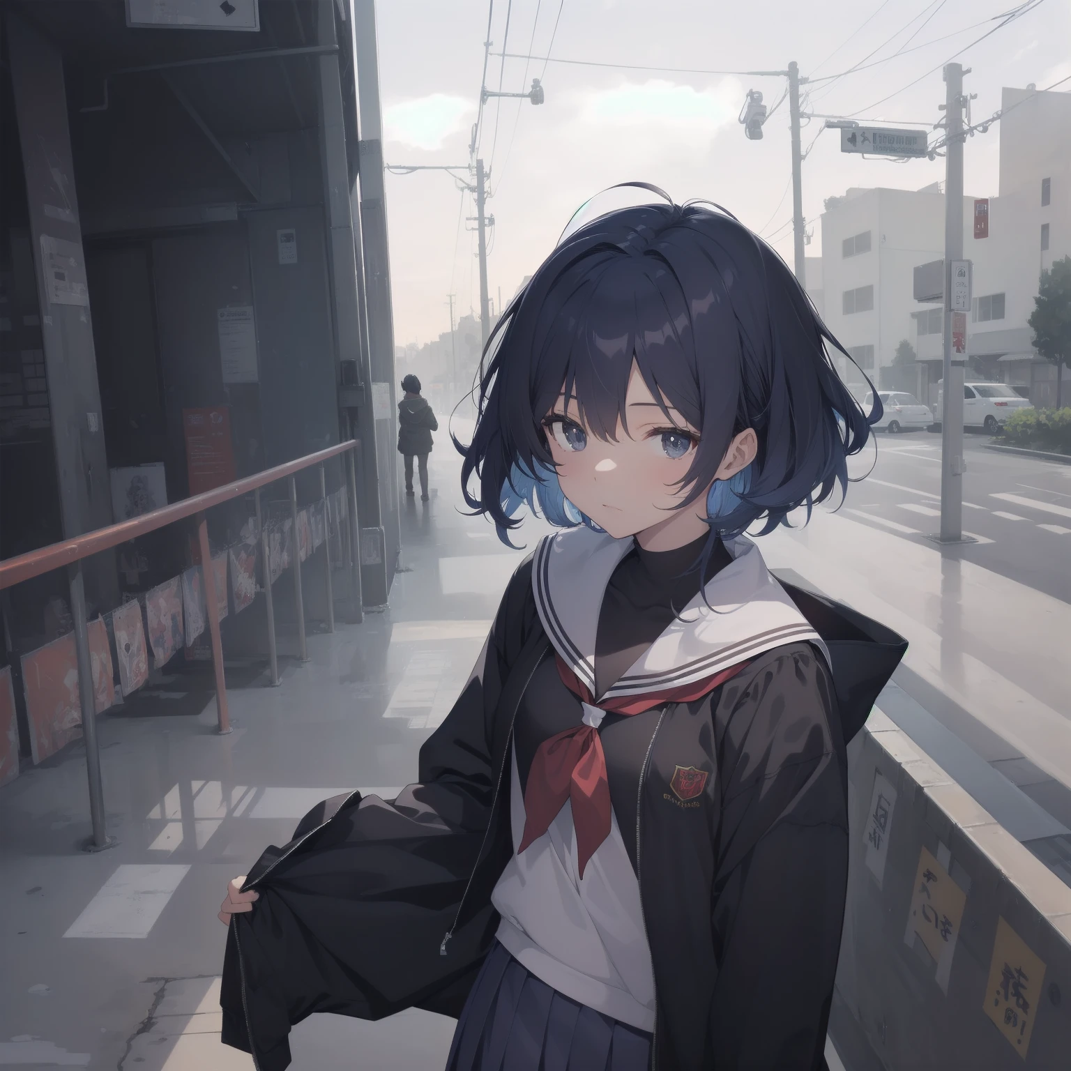 ultra-absurdres-Top quality by artist God, ultra-detailed, high resolution, anime moe artstyle, best anime 8k konachan wallpaper, pixiv contest winner, pool:2810, perfect anatomy,break, 1girl, (Please draw a girl walking sleepily to school alone. )break,(Solo,little female, 13-year-old:1.3),Full limbs, complete fingers,a junior high school student, (very short hair), short cut, flat chest, , small butt, small black eyes, beautiful detailed eyes, well-proportioned iris and pupils, expressive eyes, highres detailed hair, soft expression, salor school_uniform, sailor collar, serahuku, bow, pleated skirt,(Detailed Lighting), (Detailed background), in the School commute route. break,super detailed skin, Best cinematic lighting powered by famous artist, 8k,beauty illustration,photoshop_(medium),very aesthetic,break,((artist:miyo_(ranthath) )), artist:clamp ,artist:carnelian ,artist:kantoku ,