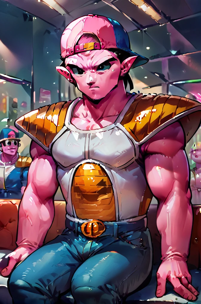 rating_safe, (((Dodoria))),((( pink skin))), pink patches, pointy ears, black eyes, blue baseball cap, backwards hat, jeans, score_9,  score_8_up, score_7_up, score_6_up, white saiyanaor, shoulder pads, scouter, cowboy pose,fat boy,sitting, strip club
