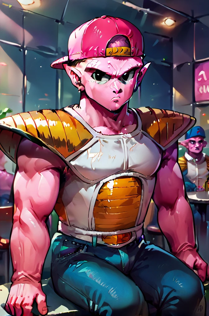 rating_safe, (((Dodoria))),((( pink skin))), pink patches, pointy ears, black eyes, blue baseball cap, backwards hat, jeans, score_9,  score_8_up, score_7_up, score_6_up, white saiyanaor, shoulder pads, scouter, cowboy pose,fat boy,sitting, strip club
