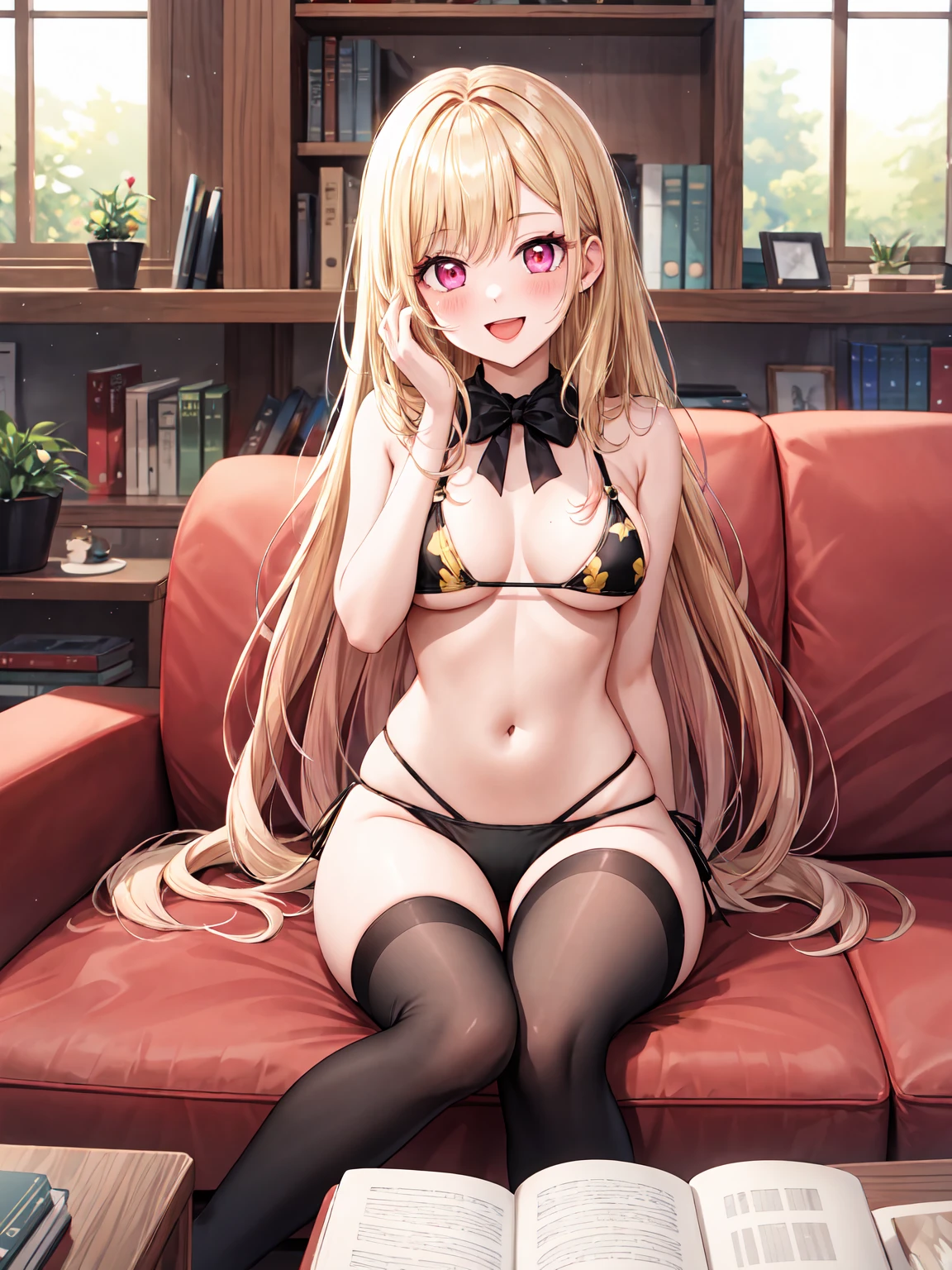 Masterpiece ,best quality , high resolution , ultra detail , colorful , (1 girl solo:1.3 ) , (kitagawa marin , long hair , blonde hair , pink eyes , make up) , (tall , slim , bikini , micro bikini (black thigh-high) ), (sitting , sitting) , (indoor , sofa , windows , bookcase ) , ( full face blush , shy , smile , open mouth ) , (face viewer , look at the viewer )
