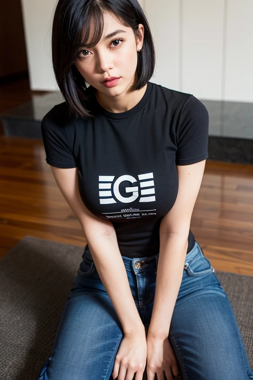 (((nsfw))) ,((highest quality)),((realistic)),1 girl,full body ,((shirt lift)),tight t-shirt,short bob,black hair,straight hair,(black skinny jeans)