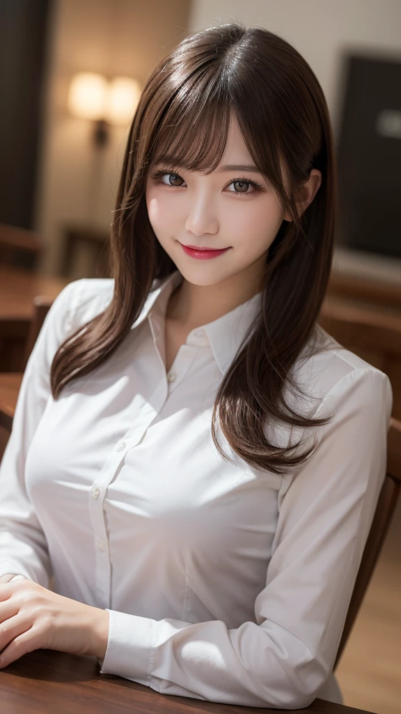 Tabletop, Highest quality, shape, Very detailed, In detail, High resolution, 8k wallpaper, Perfect dynamic composition, Beautiful details, White Magic Academy Uniform, Natural Lip, Big Breasts, ,Asymmetrical Wave Hairstyle, smile