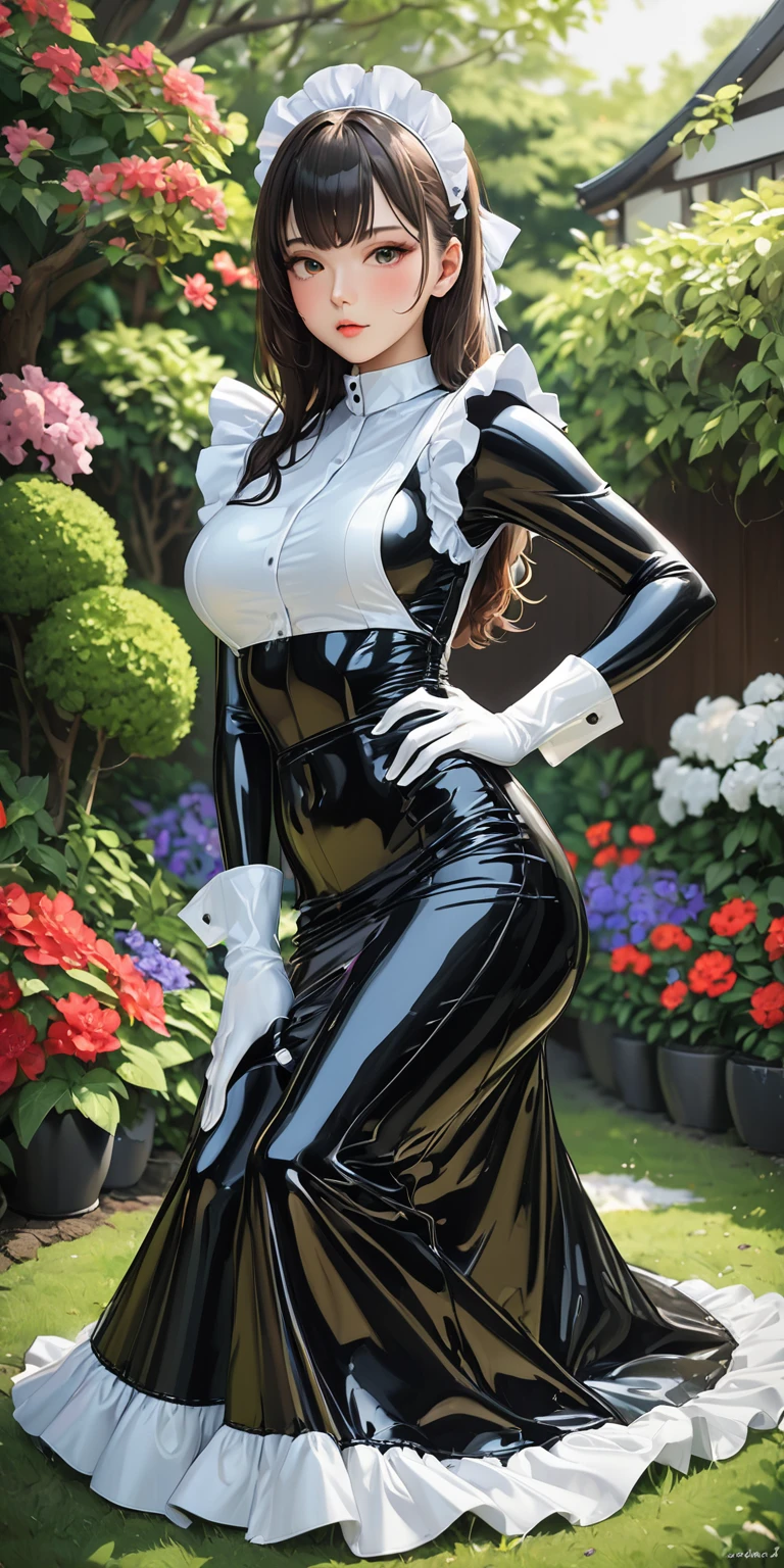 Portraiture、(masterpiece,Highest quality,Ultra-high resolution),Japanese women, (((Very beautiful 25 year old girl))),(Latex Maid Clothing)、(((Latex Long Skirt)))、(A long-sleeved latex shirt that covers the upper body)、latex long glove、Latex socks、(Latex bodysuit)、The clothes fit snugly to the body、White frills、Latex is very shiny、Standing in the garden、