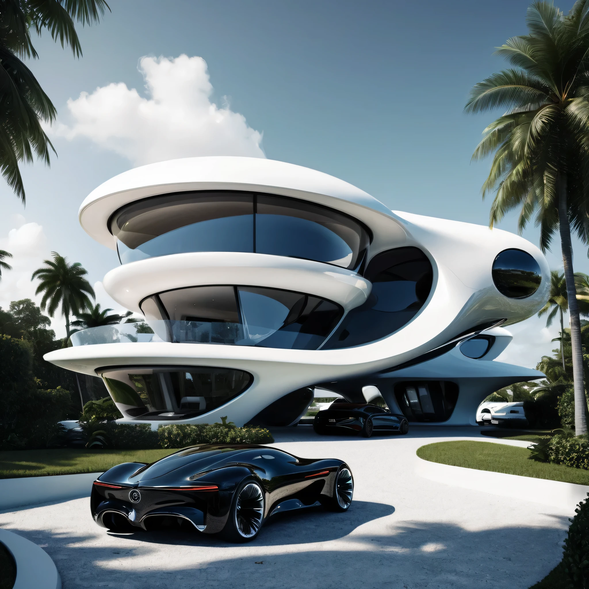 a futuristic house with a car parked in front of it, cgsocietywlop, beautiful curves, intricate devilish designs, qualia, interesting shapes & form, wow factor, elaborate polished, architectural rendering, miami, futuristic battlefield, inspired by James E. Brewton, precise architectural rendering
