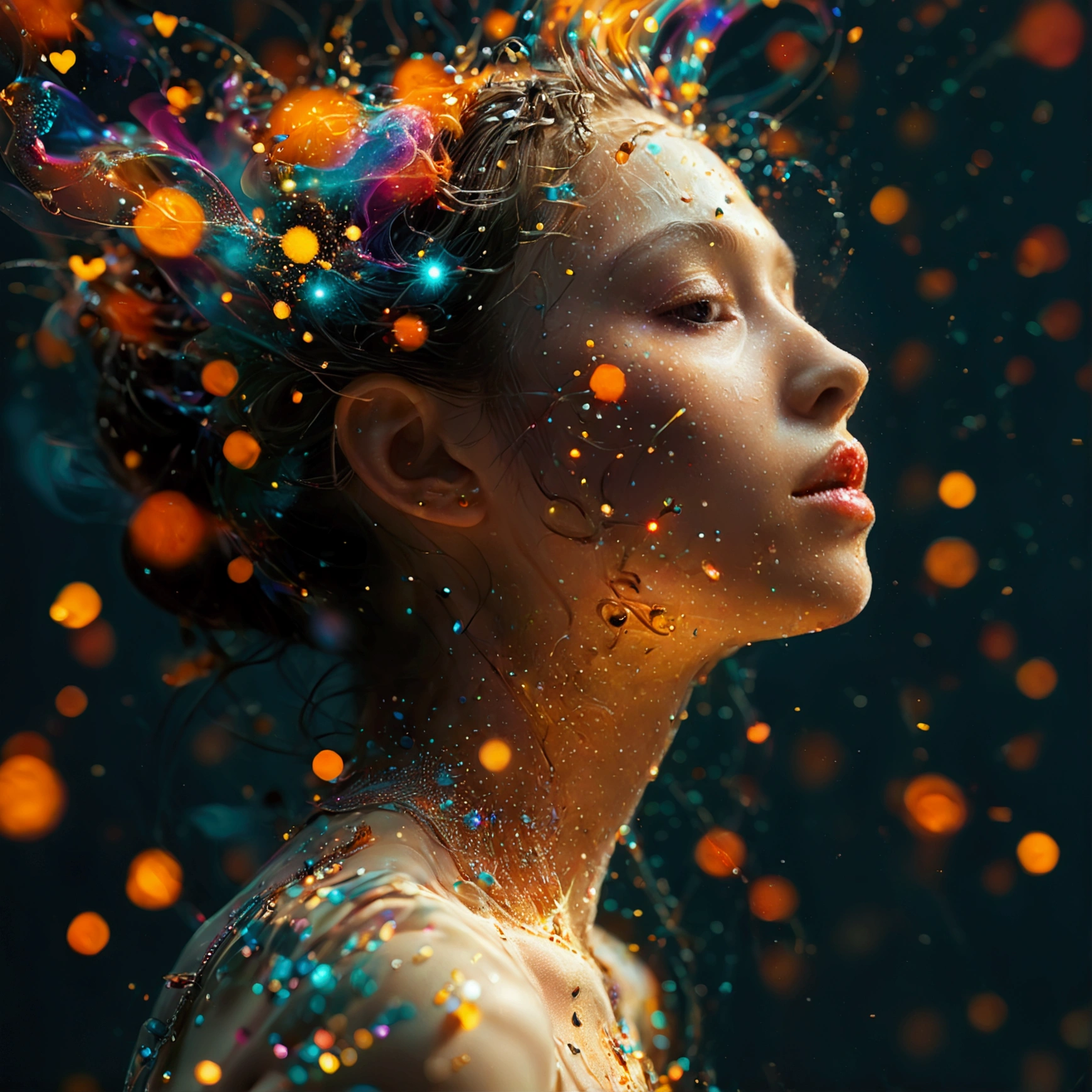 (The human body melts into particles of light:1.4), silhouette、Grains of light stretching across the screen, Colorful particles、女性の体のsilhouette、color々なcolorの星の背景、diego gisbert lawrence、Joe San Gonzalez Dan Mumford、Picture book illustrations、Psychedelic Art、Starry Sky、nebula、vague、superwide shot、Highest quality、Ultra-detailed、Intensive、Golden ratio composition、