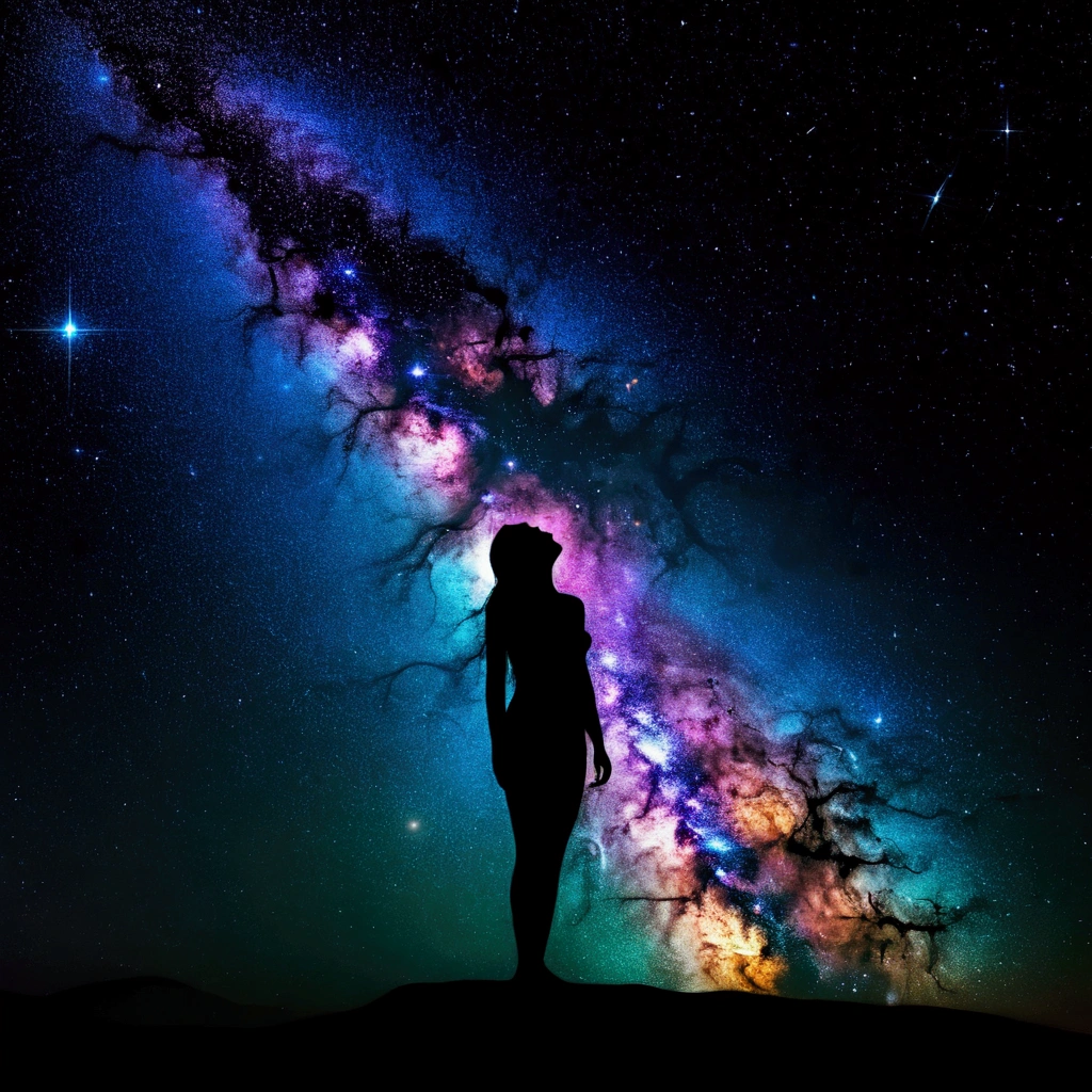 (The human body melts into particles of light:1.4), silhouette、Grains of light stretching across the screen, Colorful particles、女性の体のsilhouette、color々なcolorの星の背景、diego gisbert lawrence、Joe San Gonzalez Dan Mumford、Picture book illustrations、Psychedelic Art、Starry Sky、nebula、vague、superwide shot、Highest quality、Ultra-detailed、Intensive、Golden ratio composition、