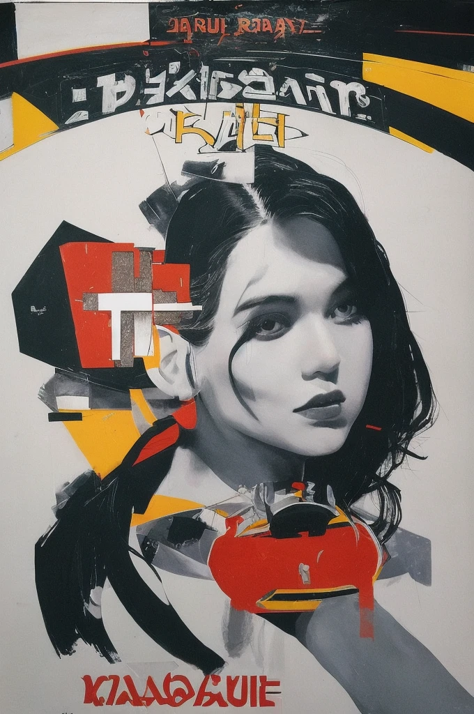 masterpiece, best quality, 1girl, space thriller movie poster, Bauhaus, shapes, lines, abstract