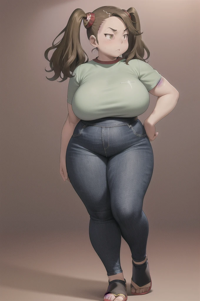 masterpiece, tight denim pants, back view++, look back, chubby but small breasts, thick legs, Full body+, A body as thick as a man's, Solo, Realistic, Sexy Asian face, Swollen face, Ripped black  denim pants, Japanese face, Legs focus, Moderately fat body type+, 1 woman, wide shoulder, T-shirt,  Denim pants, thick tights, adult woman, Thick waist++, low rise black denim pants, Small breasts and fat and short leg, Muchimuchi body best quality, 1girl, kaoruko, brown hair, brown eyes, twintails, hair ornament, red ascot, looking at viewer, solo, simple background, from the front