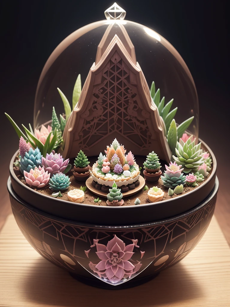 Japanese bento cake with various echeverias, full body, distant shot, wide view, pastel coloured, intricate shapes, bizarre splendid masterpiece, transparent, translucent, vector graphics, high definition, high quality, high resolution, high detailisation, intricate details, bohemian, dark botanical, dark fantasy, professional photo