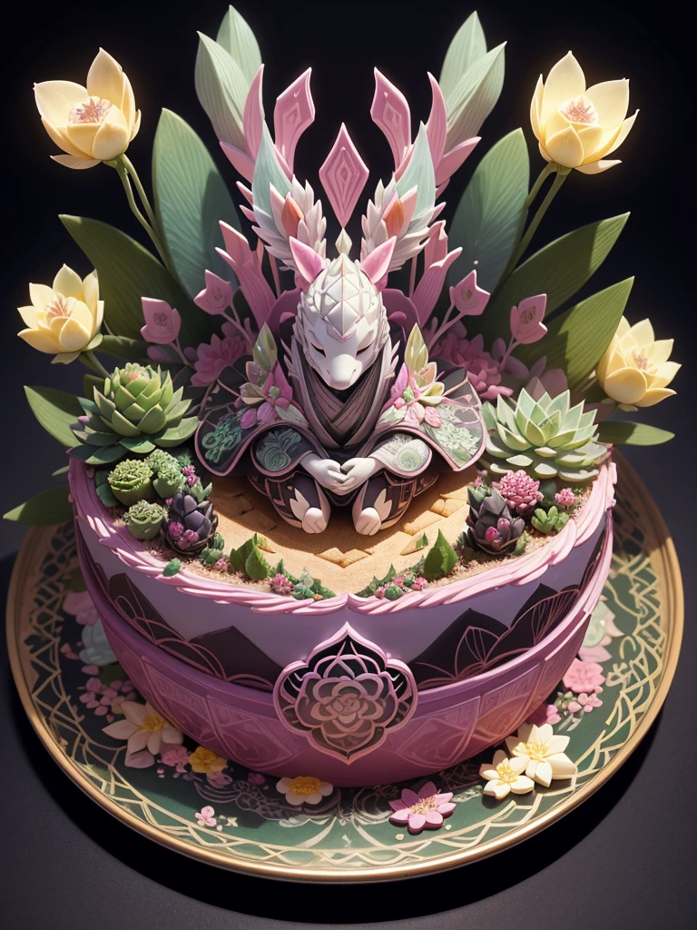 Japanese bento cake with various echeverias, full body, distant shot, wide view, pastel coloured, intricate shapes, bizarre splendid masterpiece, transparent, translucent, vector graphics, high definition, high quality, high resolution, high detailisation, intricate details, bohemian, dark botanical, dark fantasy, professional photo