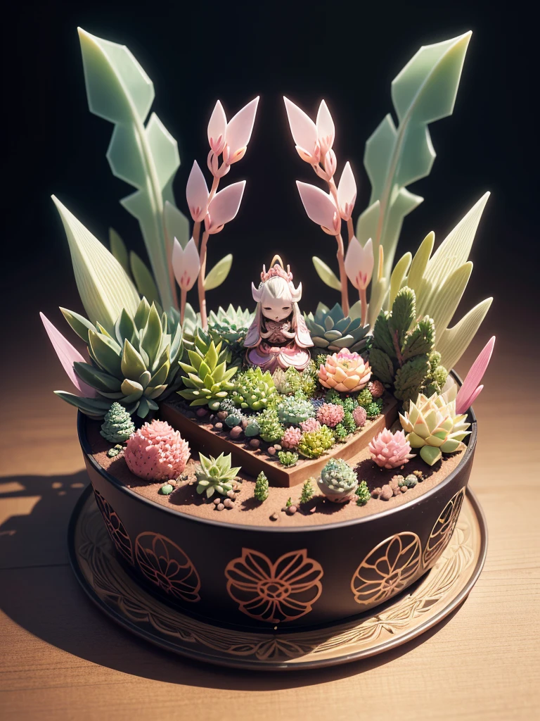 Japanese bento cake with various echeverias, full body, distant shot, wide view, pastel coloured, intricate shapes, bizarre splendid masterpiece, transparent, translucent, vector graphics, high definition, high quality, high resolution, high detailisation, intricate details, bohemian, dark botanical, dark fantasy, professional photo