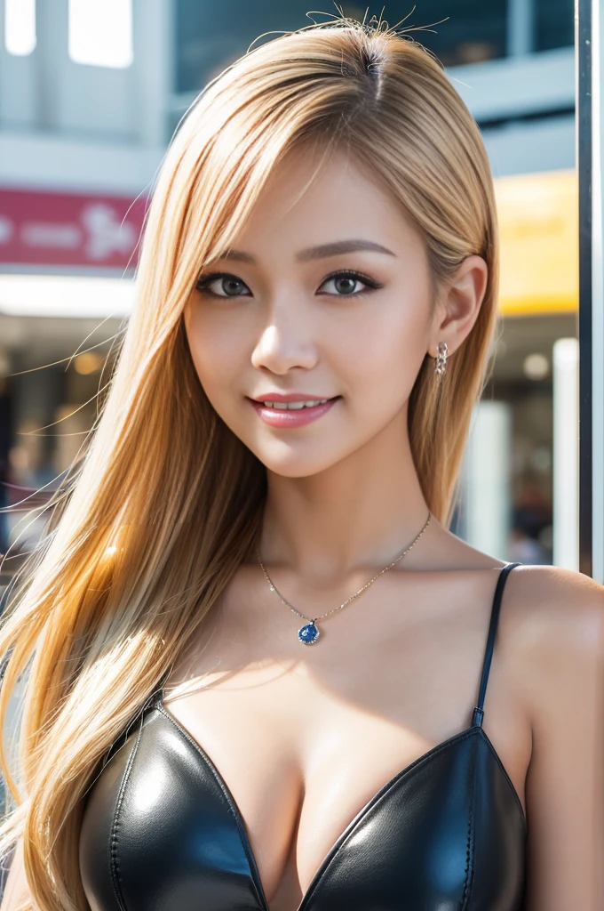 (masterpiece:1.4), (best quality:1.4), ultra high res, ultra high resolution, ((detailed facial features)), HDR, (realistic, photorealistic, photo-realistic:1.37), closeup, sexy seductive Thai woman, (seductive smile), long lashes, beautiful makeup, platinum blonde hair, fair skin, slender figure, elegant posture, wearing large sparkling colorful jewelry, wearing a business style leather dress, standing in a large shopping mall, gentle sunlight shining through the shopping mall windows, casting a soft glow on her face, adding warmth to the scene, vibrant colors, capturing the essence of vibrant city life, portrait style, showcasing her natural beauty and grace in a feminine way