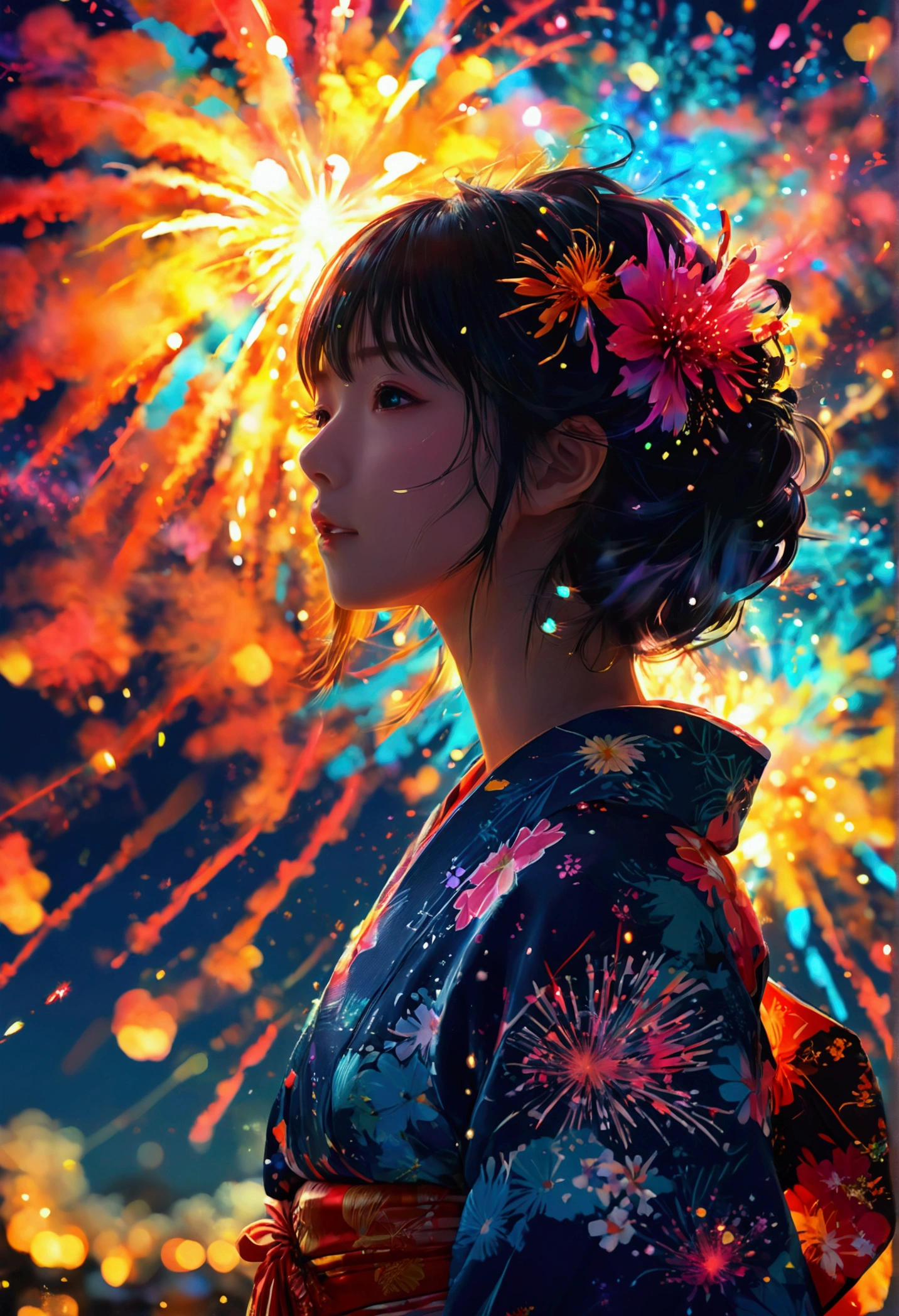 Anime girl's silhouette in yukata features vivid and fantastic fireworks, colorful geometric patterns and double exposure to the universe, fantastic contemporary art, digital illustrations, ultra-precision illustrations, high definition, dynamic angles, beautiful details, 8k,