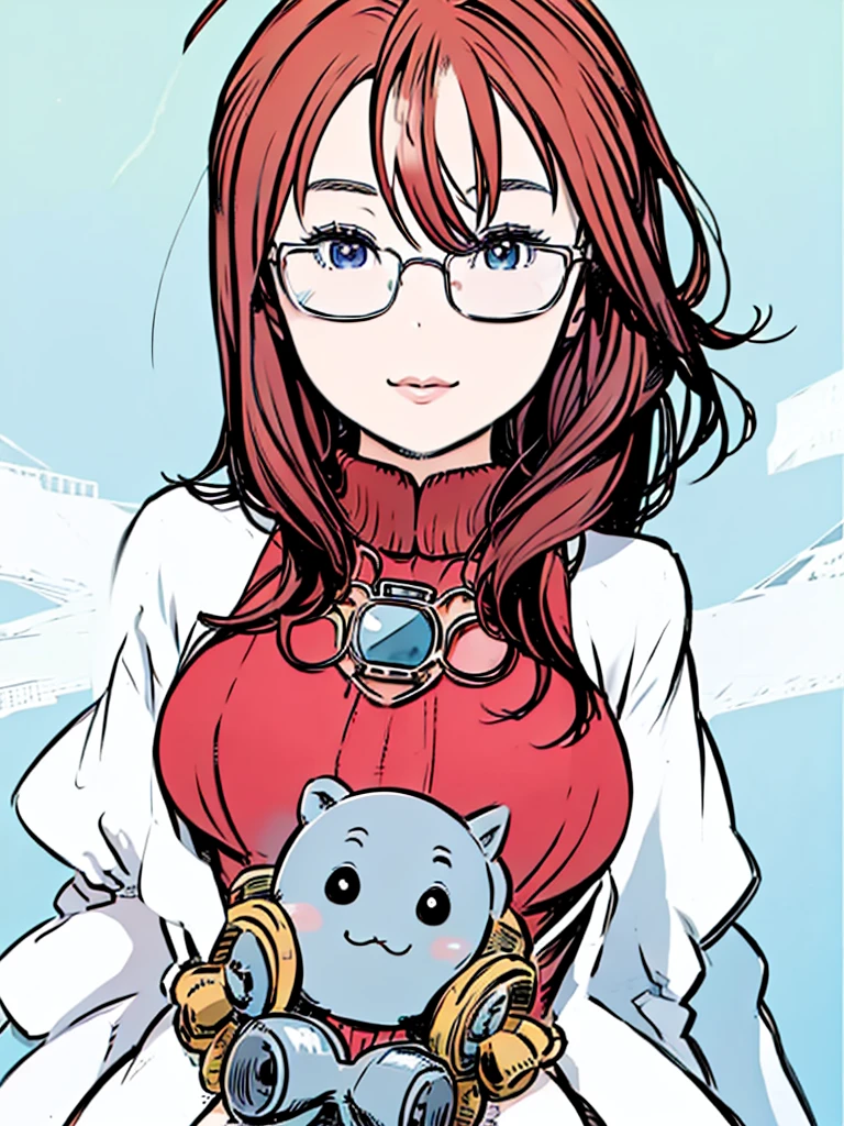 manga Pop Art style、One Girl、Red Hair、long hair、Hair between the eyes、Glasses、Red turtleneck sweater、Blue Eyes、Big Breasts、Smiling、Watching the audience、Upper Body、