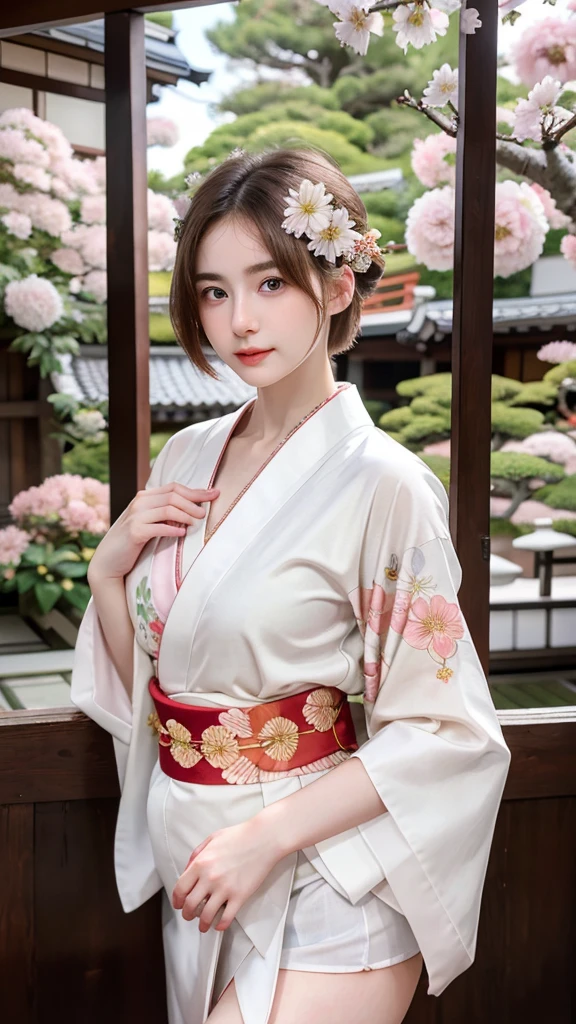 ((best quality)), photorealistic, photorealism, Photorealistic, high resolution, Beautiful, , 20 Years Old, White Skin, pale skin, medium breast, seductive pose, dynamic pose, looking at the camera, (Detailed face), short hair, sexy body, (wearing japanese kimono), (japanese flowers motif kimono), Fingers are occluded, bokeh, cafe background