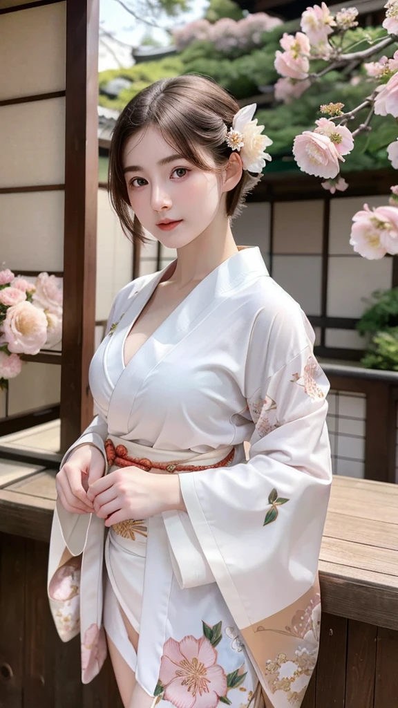 ((best quality)), photorealistic, photorealism, Photorealistic, high resolution, Beautiful, Baby Face, 20 Years Old, White Skin, pale skin, medium breast, seductive pose, dynamic pose, looking at the camera, (Detailed face), short hair, sexy body, (wearing japanese kimono), (japanese flowers motif kimono), Fingers are occluded, bokeh, cafe background