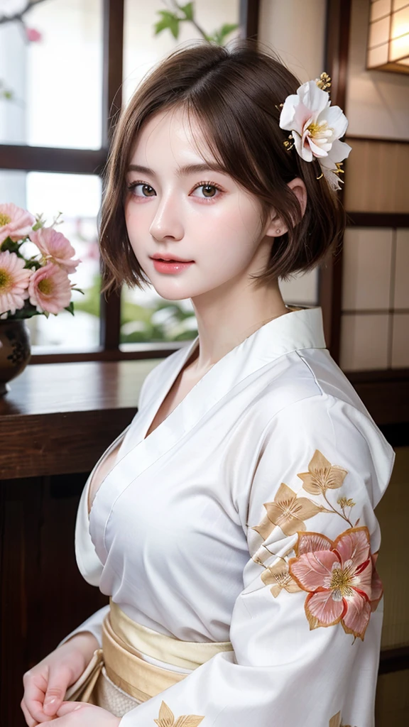 ((best quality)), photorealistic, photorealism, Photorealistic, high resolution, Beautiful, Baby Face, 20 Years Old, White Skin, pale skin, medium breast, seductive pose, dynamic pose, looking at the camera, (Detailed face), short hair, sexy body, (wearing japanese kimono), (japanese flowers motif kimono), Fingers are occluded, bokeh, cafe background