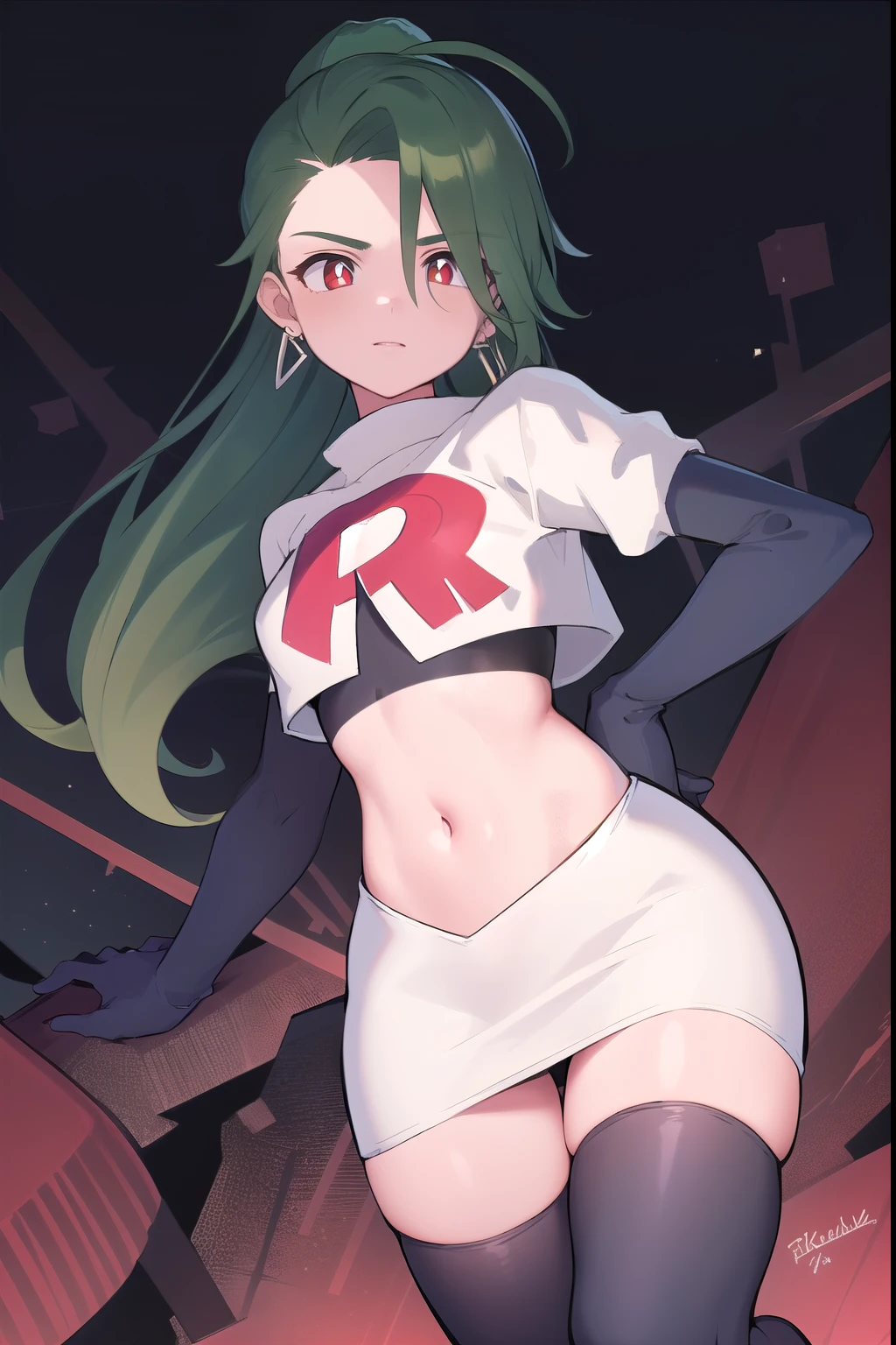 absurdres, best quality, 1girl, solo, eye focus, looking at viewer,  rika, ahoge, ponytail, bright pupils, white pupils, earrings, green hair, red eyes, bright pupils, team rocket,team rocket uniform,white skirt,red letter R,crop top,black thigh-highs,black elbow gloves